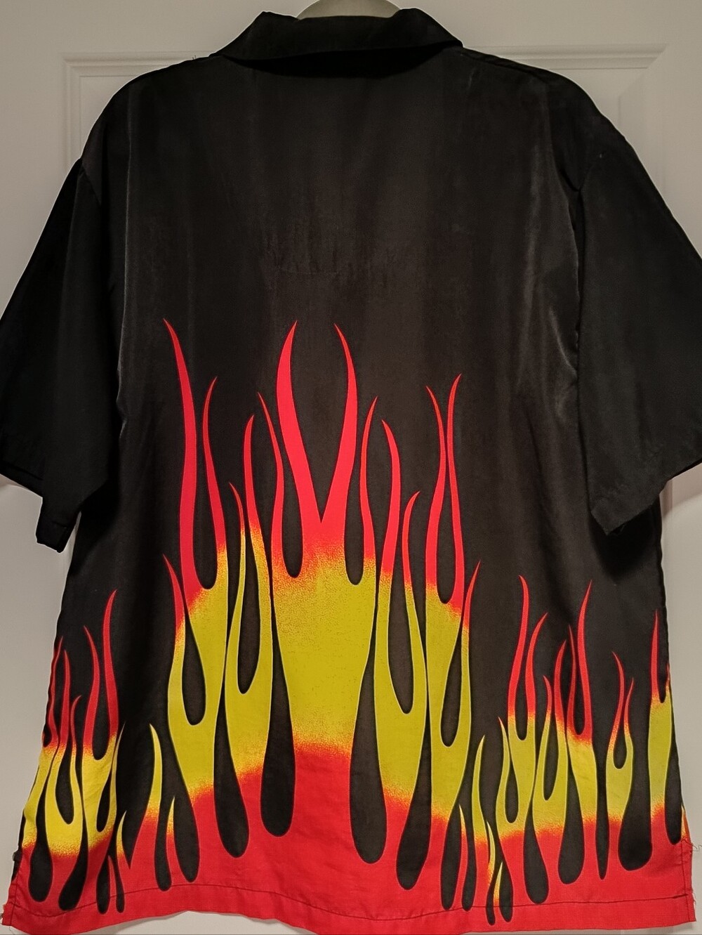 Men's Black Button-Down Shirt with Red & Yellow Flame Print Halloween Costume - Picture 6 of 11